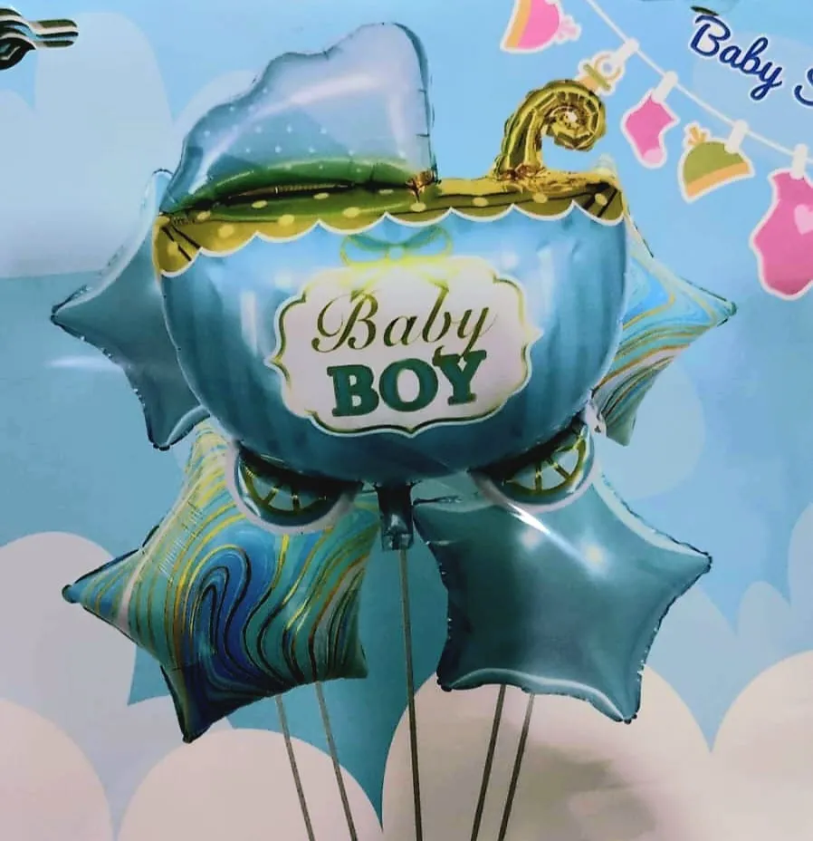 مجموعة بالونات سبوع ولد لبني شكل عربة بعبارة BABY BOY